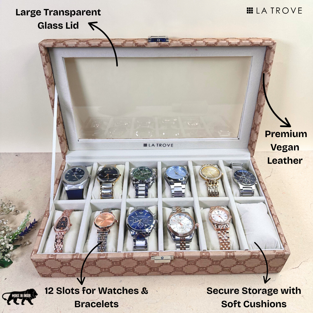 Designer 12-Slot Watch Box with Glass Top